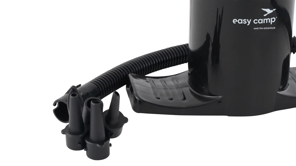Easy Camp Double Action Manual Air Pump - product image, showing close-up of pump base, with hose and adapters