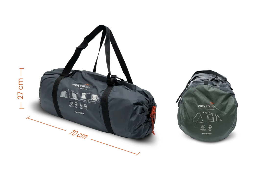 Easy Camp Leka Twin 8 Person Family Tent - product image, showing carrybag from two angles with dimensions