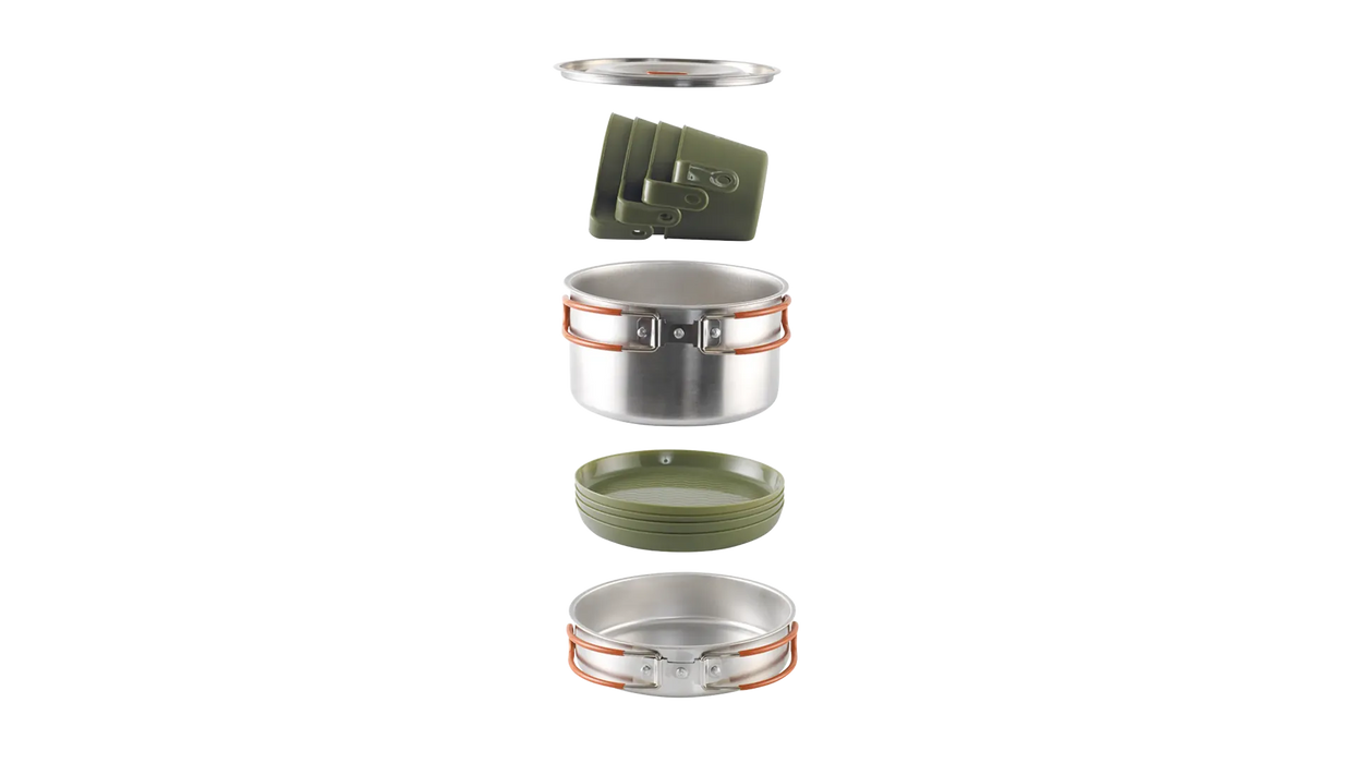 Easy Camp Moss 4 Person Camping Cook Set - product image, showing exploded view of components of set (1x lid, 4x mugs, 1x pot, 4x plates, 1x pan)