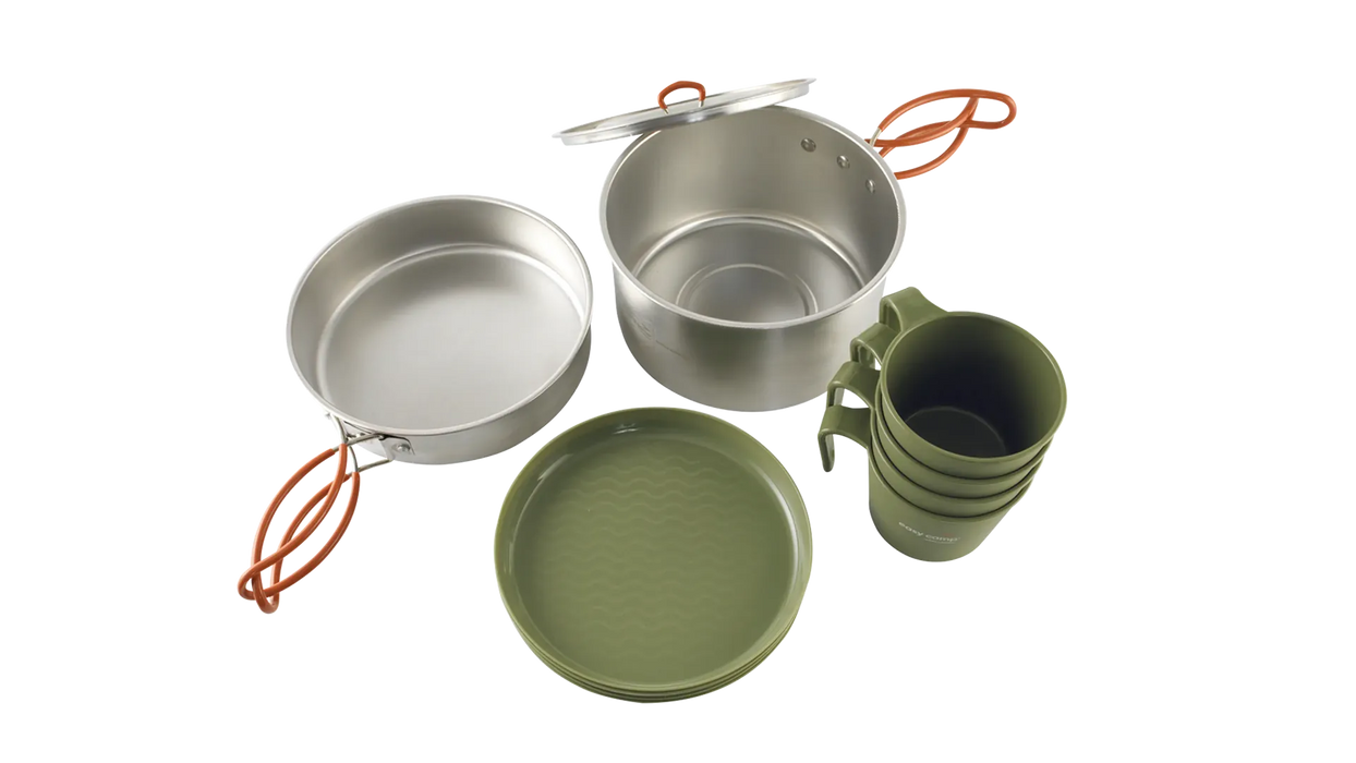 Easy Camp Moss 4 Person Camping Cook Set - product image, showing bird's eye view of components of set (1x pan, 1x pot, 4x plates, 4x mugs)