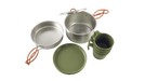 Easy Camp Moss 4 Person Camping Cook Set - product image, showing bird's eye view of components of set (1x pan, 1x pot, 4x plates, 4x mugs)
