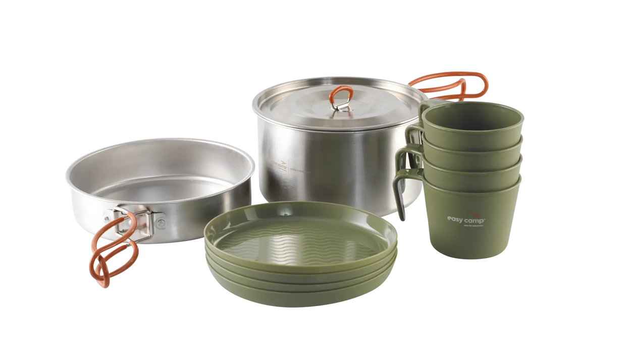 Easy Camp Moss 4 Person Camping Cook Set - main product image, showing components of set (1x pan, 1x pot, 4x plates, 4x mugs)