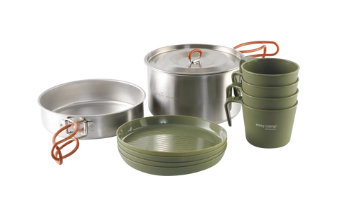 Easy Camp Moss 4 Person Camping Cook Set - main product image, showing components of set (1x pan, 1x pot, 4x plates, 4x mugs)