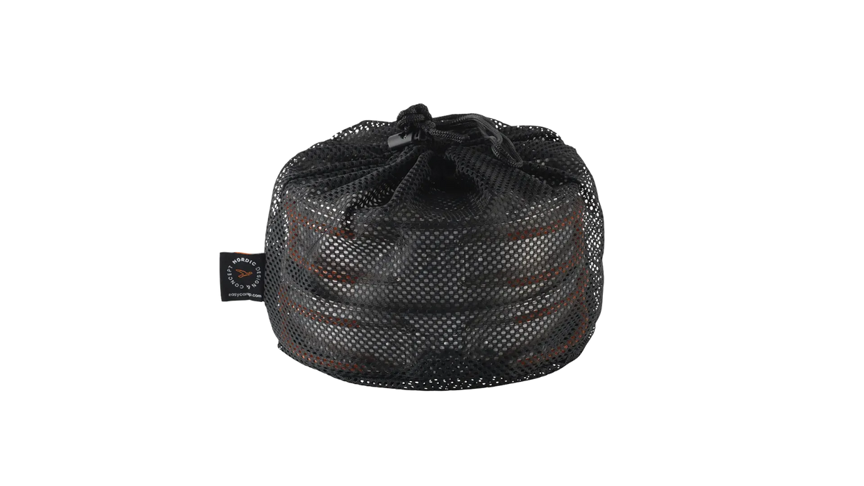 Easy Camp Moss Tour Stainless Steel Cook Set - product image, showing set components stacked together inside mesh carry bag