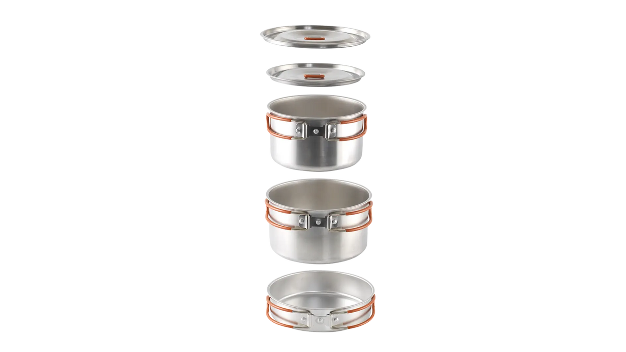 Easy Camp Moss Tour Stainless Steel Cook Set - product image, showing exploded view of set components (2x lids, 2x pots, and 1x pan)