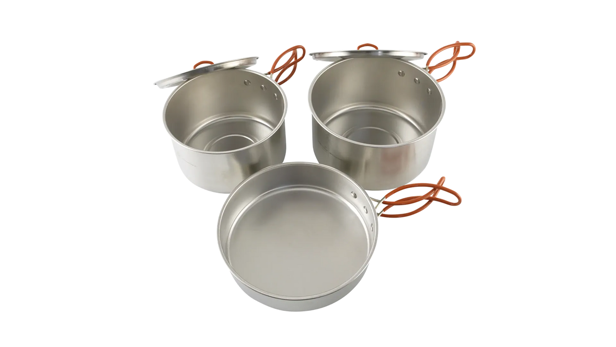 Easy Camp Moss Tour Stainless Steel Cook Set - product image, showing bird's eye view of set components (2x pots with lids, and 1x pan)