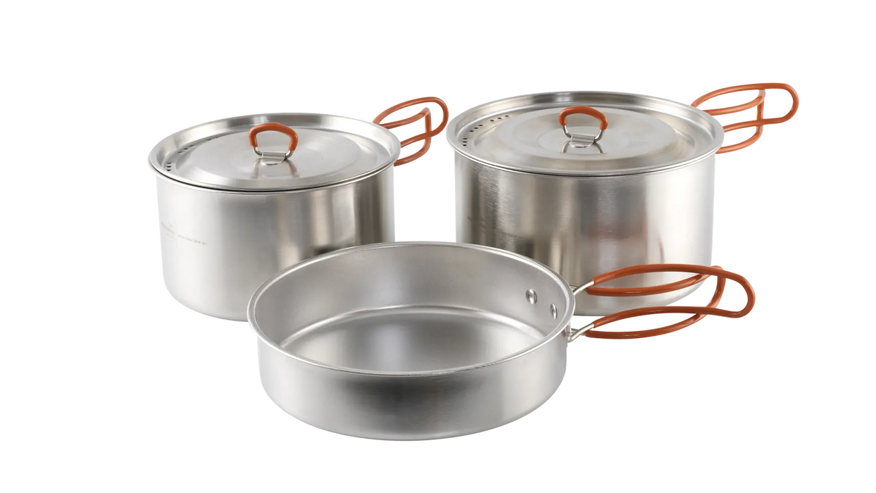 Easy Camp Moss Tour Stainless Steel Cook Set - main product image, showing 2x pots with lids, and 1x pan
