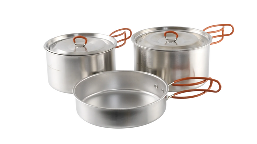 Easy Camp Moss Tour Stainless Steel Cook Set - main product image, showing 2x pots with lids, and 1x pan