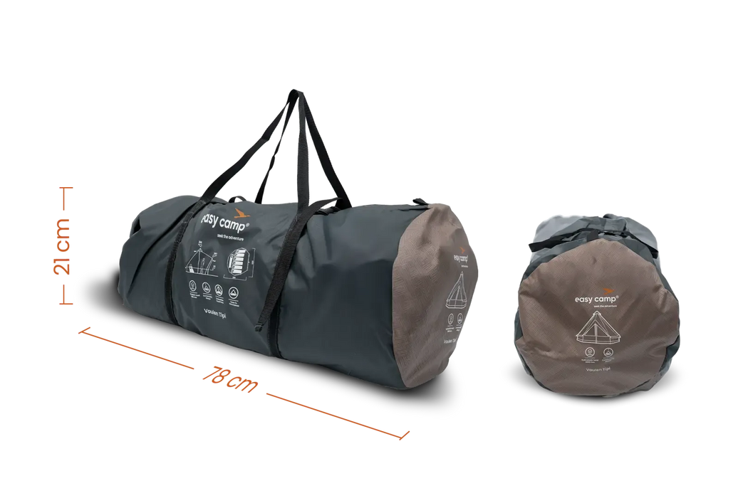 Easy Camp Vaulen Tipi 7 Person Festival Tent - product image, showing carrybag from two angles with measurements