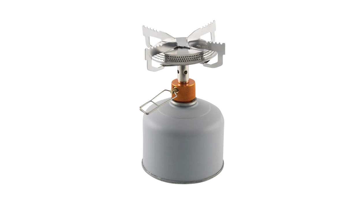 Easy Camp Venture Portable Camping Stove - product image, showing stove connected to EN417 gas cartridge