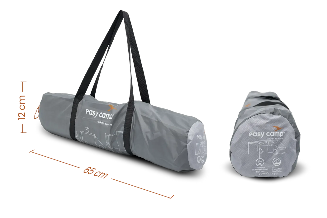 Easy Camp Voss Canopy Drive Away Camping Shelter - product image, showing carrybag from two angles with measurements
