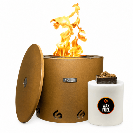 El_Fuego_Corten_fire_pit_main_product_image on a white background with a white wax fuel refill candle