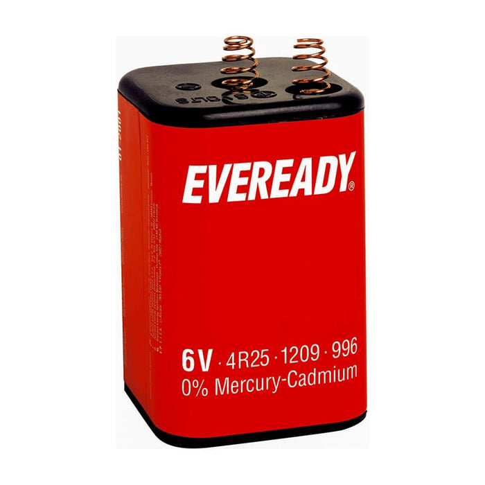 Eveready PJ996 6V Lantern Battery 4R25-2 - main product image, showing a battery with a red body, black top, and copper-colored spring terminals, shown on a plain white background.