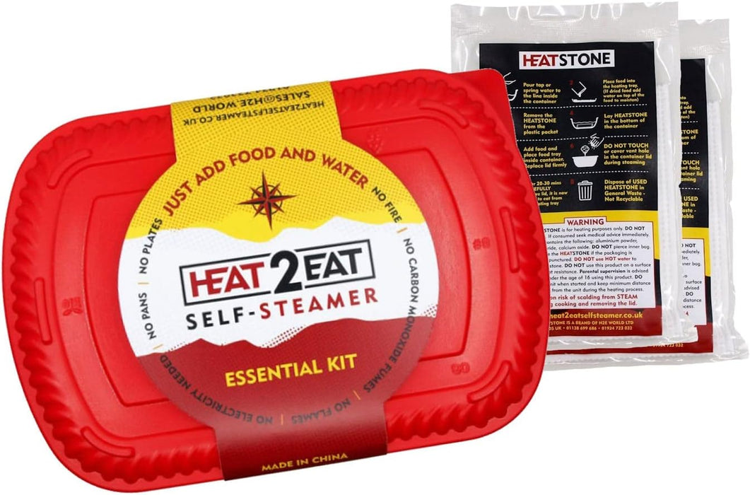 Heat 2 Eat, Medium Self Steamer Red 'Heat 2 Eat' self-steamer kit with a separate packet on a white background