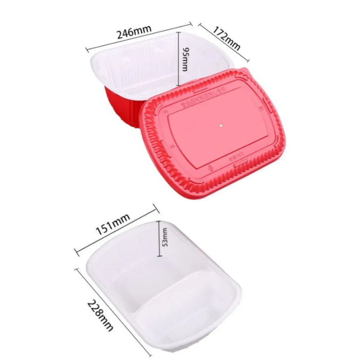 Heat 2 Eat, Medium Self Steamer Red food container with lid and measurements on a white background