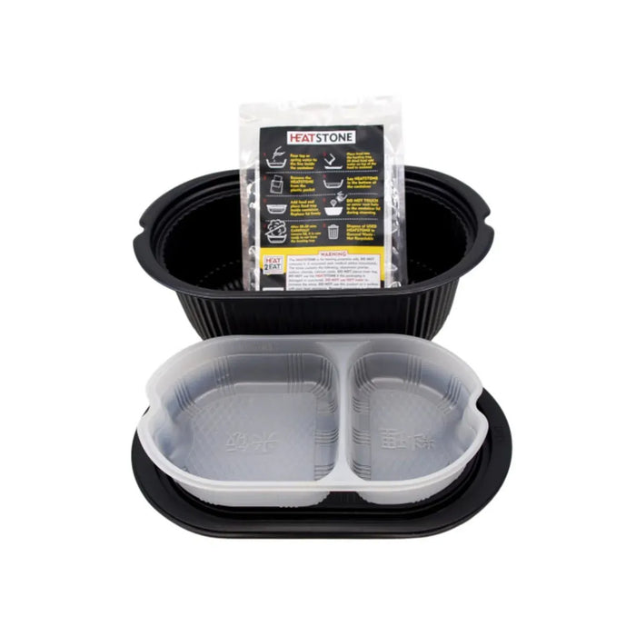 Heat 2 Eat Self Steamer Small Black food container with a lid and a package labeled 'Hot Stone' on a white background