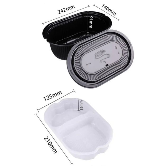 Heat 2 Eat Self Steamer Small Black food container with measurements on a white background