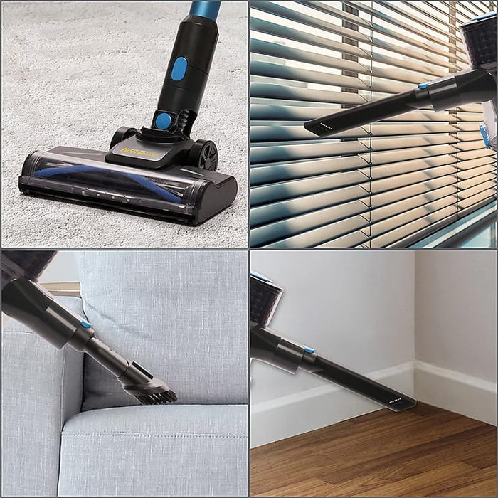HomeLife Tornado CX15 2-in-1 Cordless Vacuum Cleaner - product image, showing vacuum cleaner being used on carpet, window blinds, furniture cushions, and wooden flooring, in four separate images