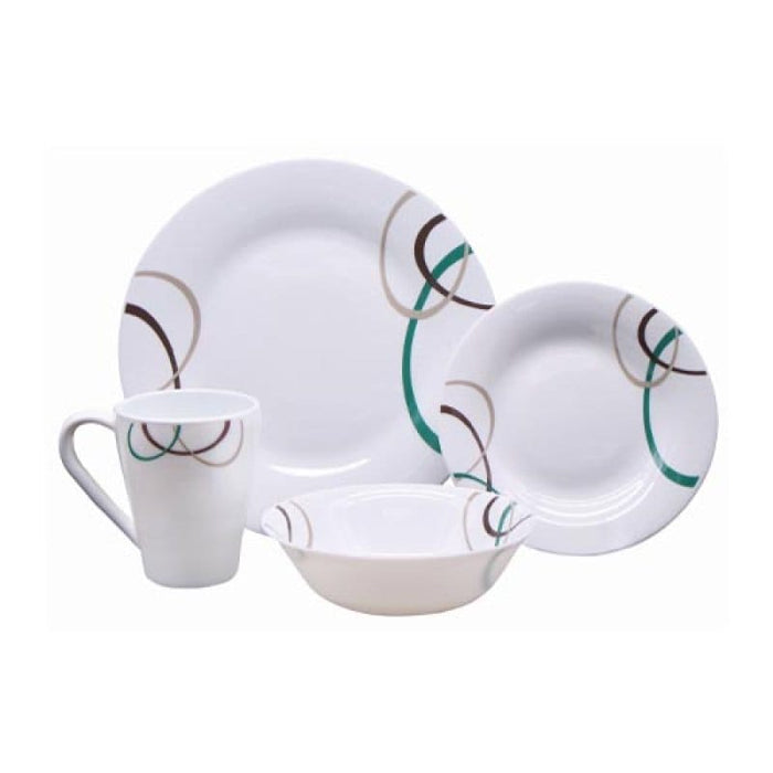 A 4-piece white ceramic dinnerware set with abstract swirl patterns in green, brown, and beige, including a dinner plate, salad plate, bowl, and mug.