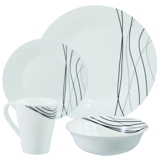 White ceramic Horizon Streak 16 Piece Opalware Dining Set dinnerware set with black abstract patterns on a white background