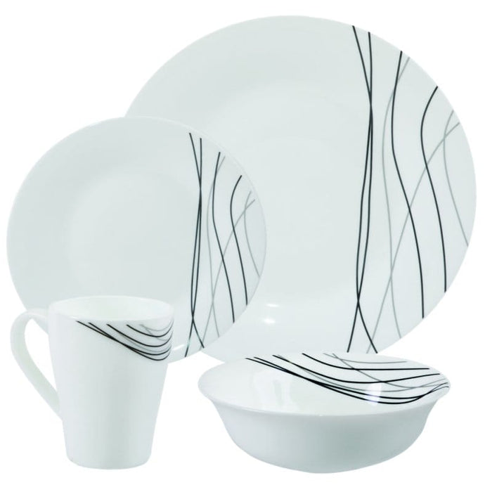 White ceramic Horizon Streak 16 Piece Opalware Dining Set dinnerware set with black abstract patterns on a white background