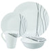 White ceramic Horizon Streak 16 Piece Opalware Dining Set dinnerware set with black abstract patterns on a white background