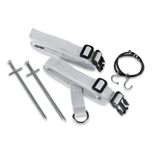 Kampa Dometic Storm Tie Down Kit - Mist Set of tent stakes, straps, and hooks on a white background