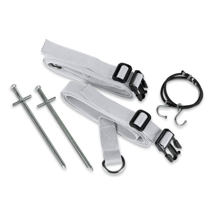 Kampa Dometic Storm Tie Down Kit - Mist Set of tent stakes, straps, and hooks on a white background