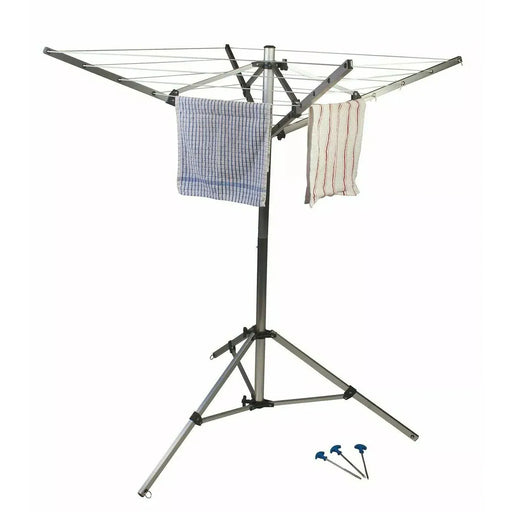 Kampa Quad Folding Washing Line - main product image, showing washing line with tea towels hanging, and pegs on ground
