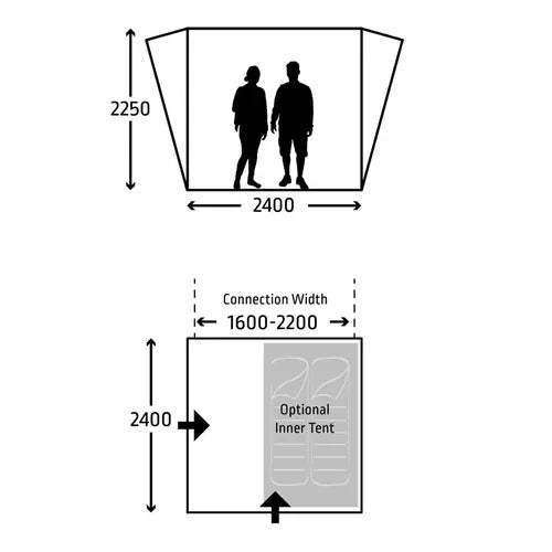 Kampa Tailgater Poled Rear Drive-Away Awning for SUVs and Cars - product diagram, showing height and width dimensions from side-on and bird's eye views