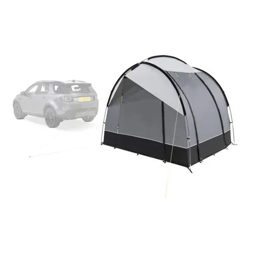Kampa Tailgater Poled Rear Drive-Away Awning for SUVs and Cars - product image, showing awning pitched with guylines, detached from car (in shade)