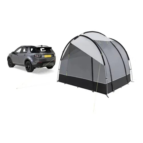 Kampa Tailgater Poled Rear Drive-Away Awning for SUVs and Cars - product image, showing awning pitched with guylines, detached from car