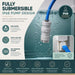 Leisurewize 12V Submersible Caravan Water Pump Kit – Truma & Whale - product infographic, showing the blue and white pump partially submerged in water, with text highlighting waterproof design, 12V caravanning power, and connection ease. Features an inset showing the blue cable plugged into a wall outlet.