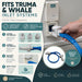 Leisurewize 12V Submersible Caravan Water Pump Kit – Truma & Whale - product infographic, showing a hand plugging a blue hose into a white wall outlet adapter. The graphic includes step-by-step instructions, compatibility icons, and product diagrams on a dark teal and white background.