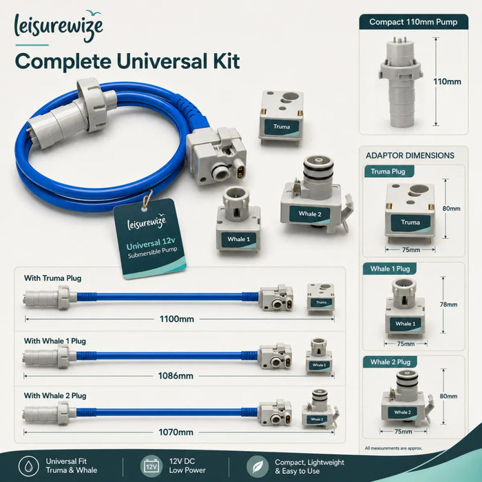 Leisurewize 12V Submersible Caravan Water Pump Kit – Truma & Whale - product image, showing multiple components including a blue hose, compact 110mm pump, adapter diagrams, and fitment charts for Truma, Whale, and Whale 2 plugs, shown on a white background with measurements.