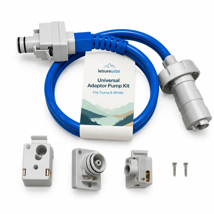 Leisurewize 12V Submersible Caravan Water Pump Kit – Truma & Whale - main product image, showing pump kit put together along with various component parts beneath