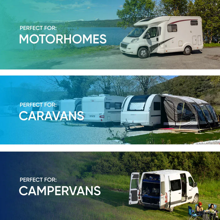 Leisurewize 3W COB LED Rechargeable Camping Lantern 1000 Lumens - product image: a three-panel promotional graphic showing different types of motorhomes, caravans, and campervans outdoors by a lake, with large text reading 'PERFECT FOR: MOTORHOMES', 'PERFECT FOR: CARAVANS', and 'PERFECT FOR: CAMPERVANS'.