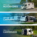 Leisurewize 3W COB LED Rechargeable Camping Lantern 1000 Lumens - product image: a three-panel promotional graphic showing different types of motorhomes, caravans, and campervans outdoors by a lake, with large text reading 'PERFECT FOR: MOTORHOMES', 'PERFECT FOR: CARAVANS', and 'PERFECT FOR: CAMPERVANS'.