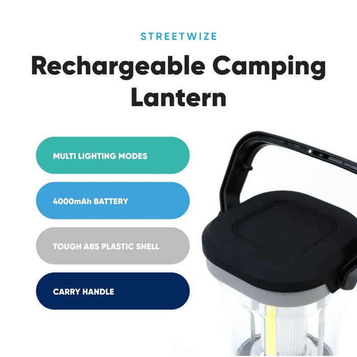 Leisurewize 3W COB LED Rechargeable Camping Lantern 1000 Lumens - product image, showing a rechargeable camping lantern with features listed on a white background