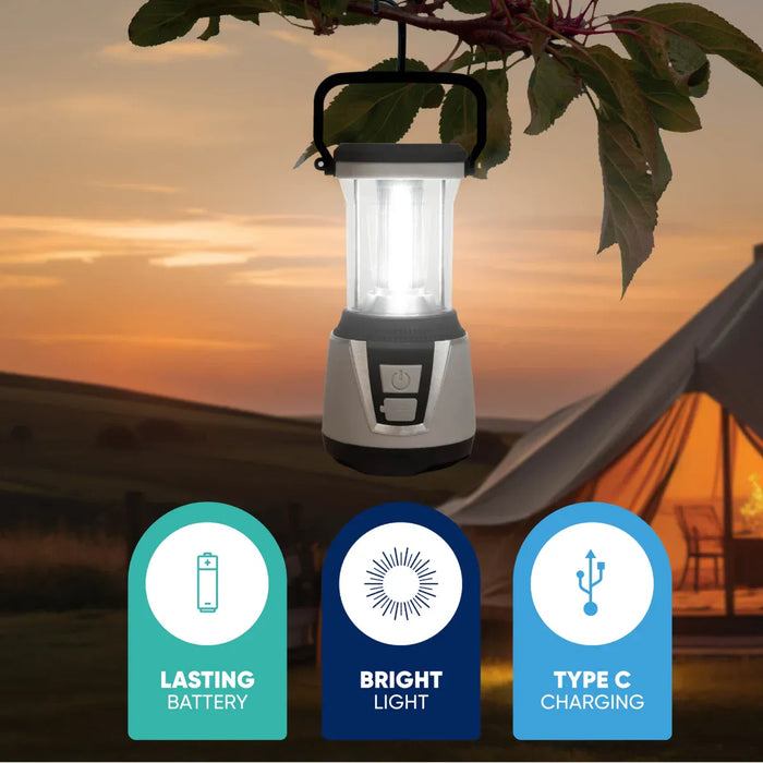 Leisurewize 3W COB LED Rechargeable Camping Lantern 1000 Lumens - product image, showing a camping lantern with sunset and hammock in the background, featuring icons for lasting battery, bright light, and USB type C charging.
