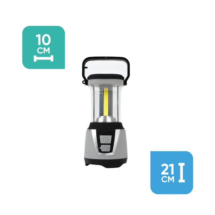 Leisurewize 3W COB LED Rechargeable Camping Lantern 1000 Lumens - product image, showing a portable LED lantern with a silver and black base, clear body, and black handle, shown on a white background with teal and blue size callout badges indicating 10 cm width and 21 cm height.