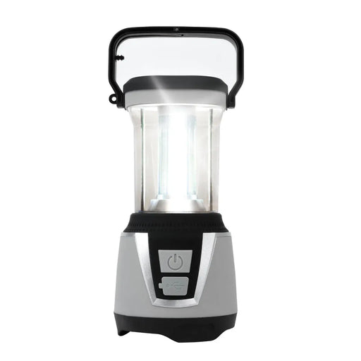 Leisurewize 3W COB LED Rechargeable Camping Lantern 1000 Lumens - main product image, showing a portable LED camping lantern with a silver and black base, a clear body, and a black carrying handle, shown illuminated against a white background.