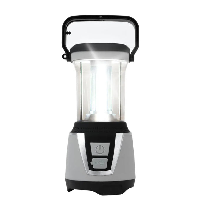 Leisurewize 3W COB LED Rechargeable Camping Lantern 1000 Lumens - main product image, showing a portable LED camping lantern with a silver and black base, a clear body, and a black carrying handle, shown illuminated against a white background.