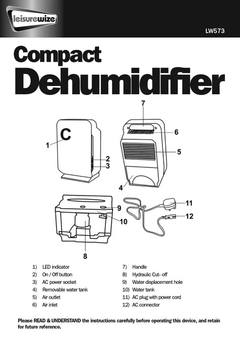 Leisurewize Compact Electric Low Wattage Dehumidifier - product components diagram