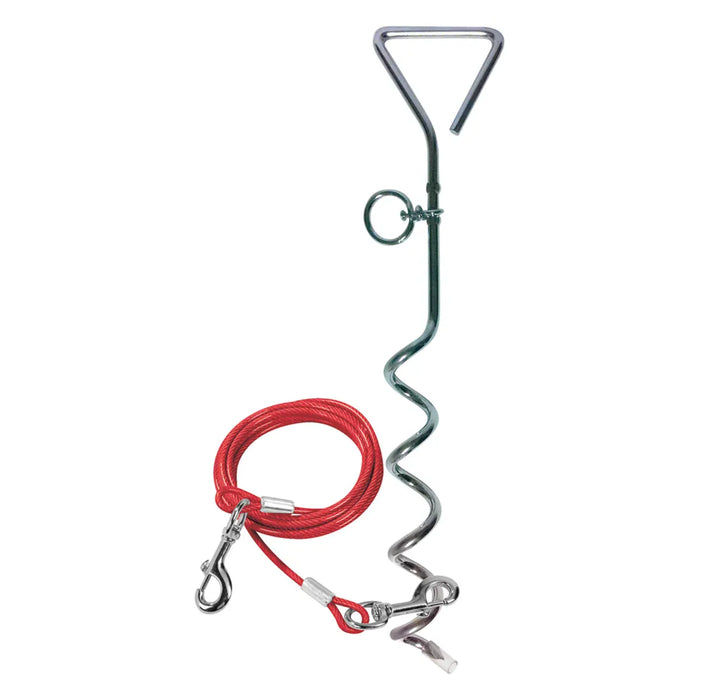 Leisurewize Dog Ground Anchor Screw Peg with 4m Tether Lead - main product image, showing a metal spiral anchor with a red coiled cable and silver metal clips, shown on a plain white background.