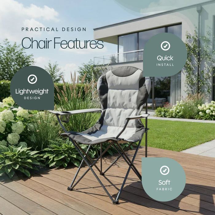 Leisurewize High Back Padded Folding Camping Chair with Cup Holder - lifestyle image, showing chair positioned on decking in garden area with greenery in foreground and house in background