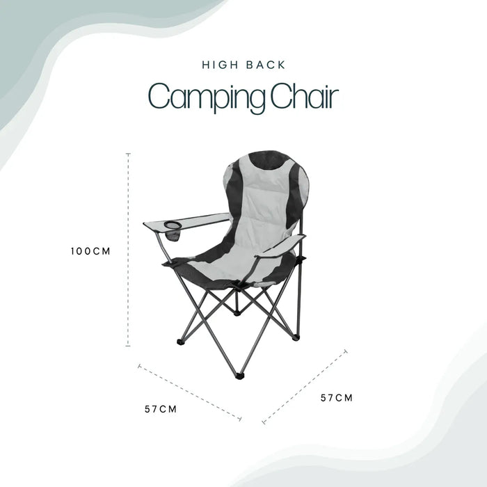 Leisurewize High Back Padded Folding Camping Chair with Cup Holder - product image, showing chair from front-side angle, with height, width and depth measurements