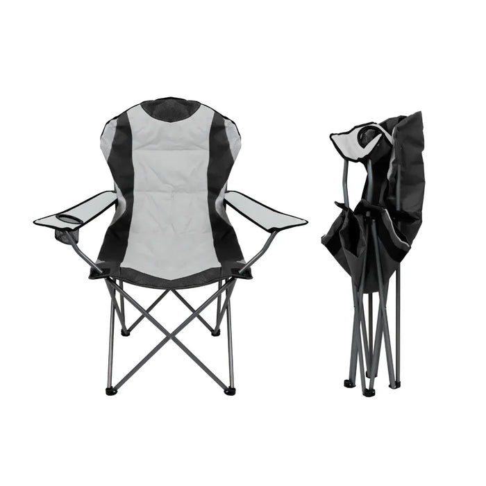 Leisurewize High Back Padded Folding Camping Chair with Cup Holder - main product image, showing chair both open from front view, and collapsed from side view