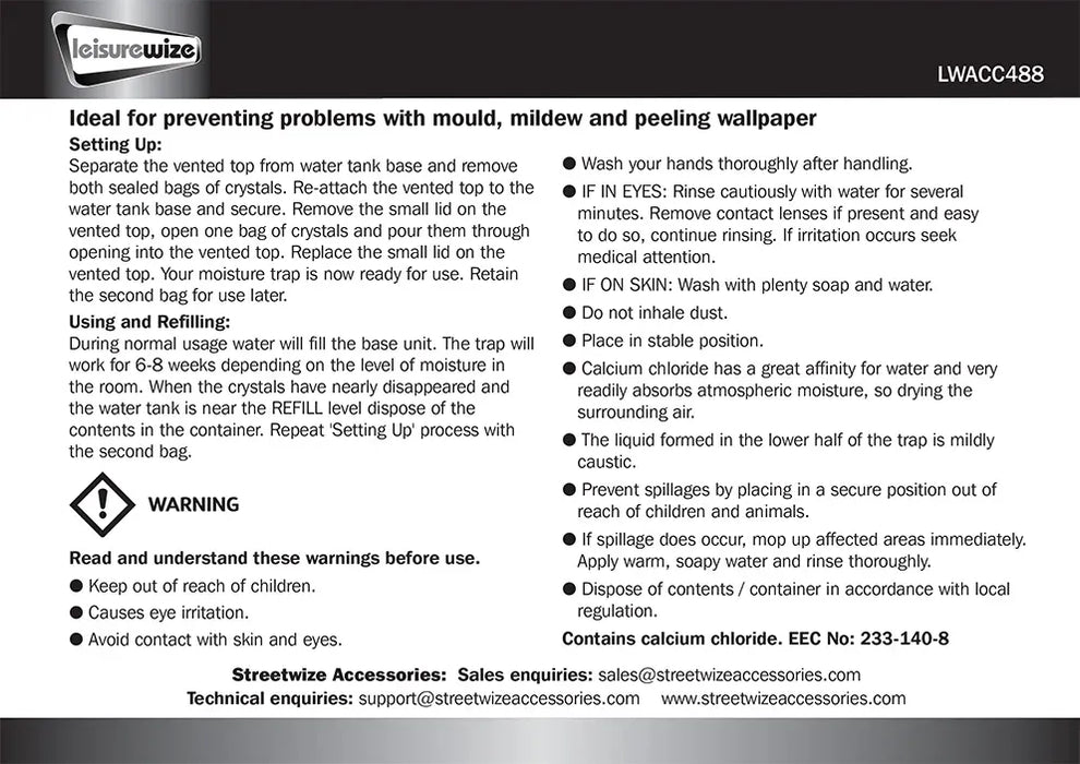 Leisurewize Moisture Mate Refill Crystals - product image, showing full label information write-up