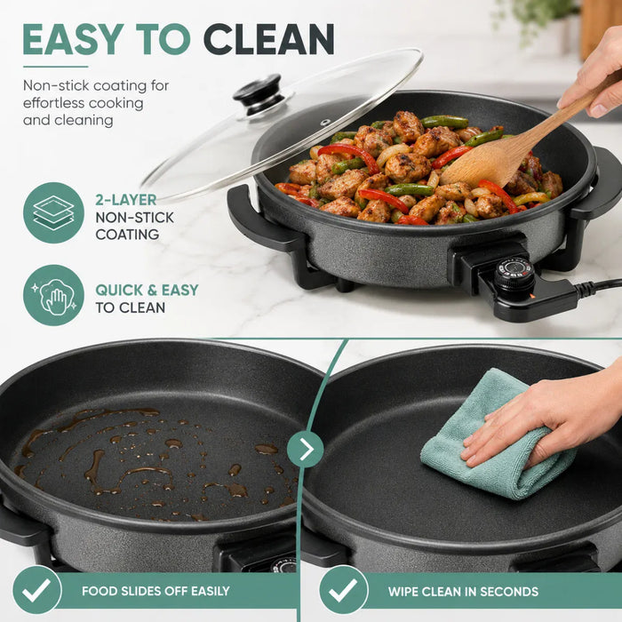 Leisurewize Multi-Functional Electric Skillet / Cooker 1500W - product infographic, showing an electric skillet with a glass lid cooking food on a light countertop, alongside marketing text and before/after cleaning demonstrations. A hand is visible stirring the pan and wiping it with a cloth.
